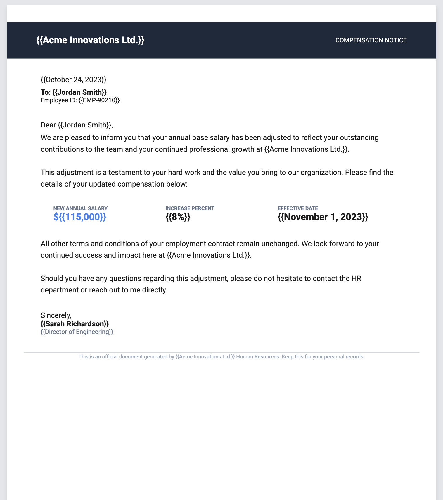 Generated compensation adjustment letter